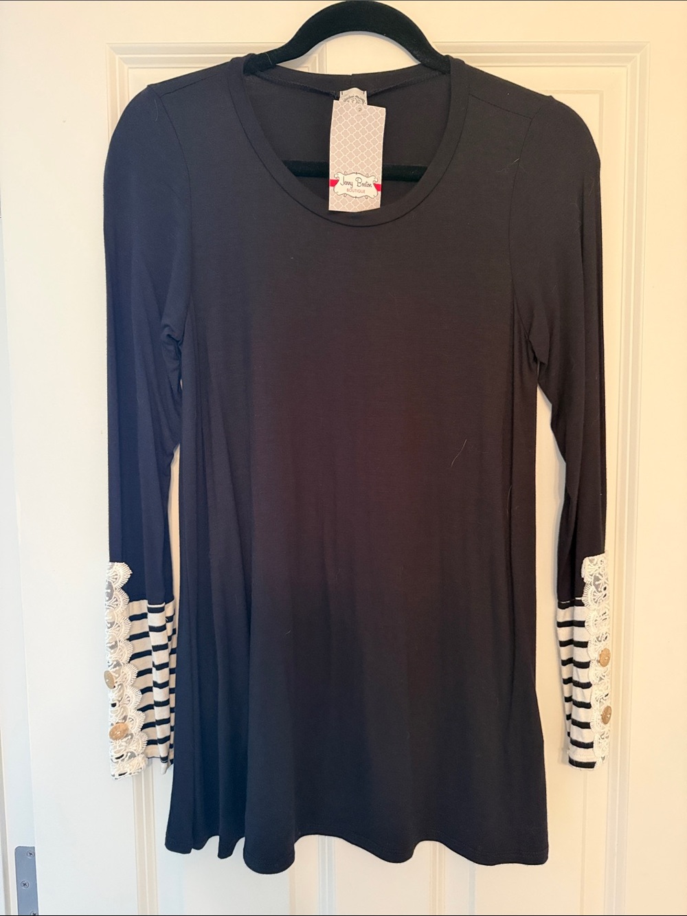 NWT Sun n Moon Black Top with Contrast Striped Sleeve Accents